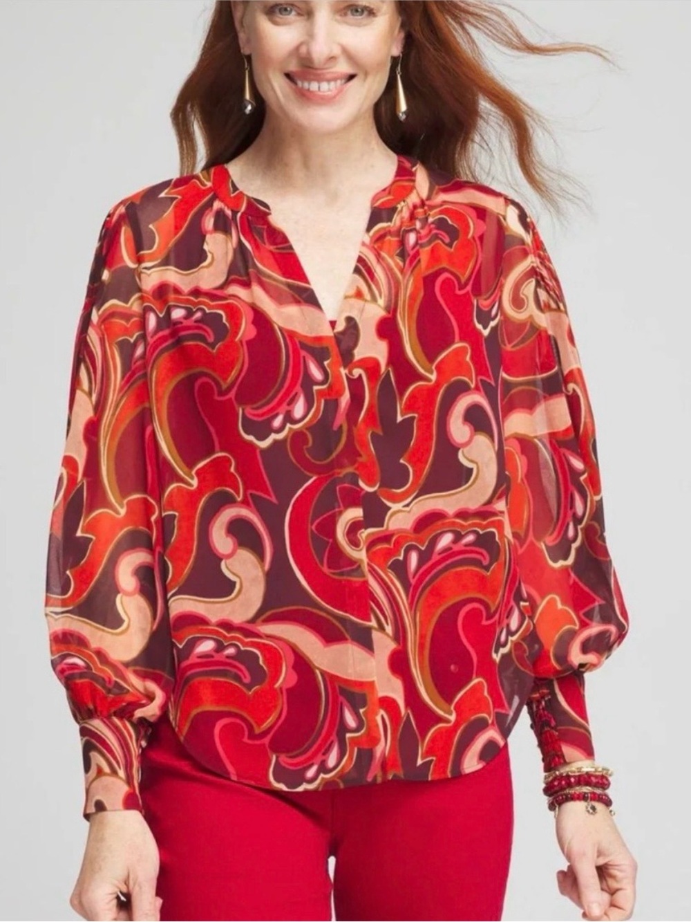 Chico’s Priya Pintuck Sleeve Blouse Sheer Red Romantic Long Sleeve V-Neck Blouse